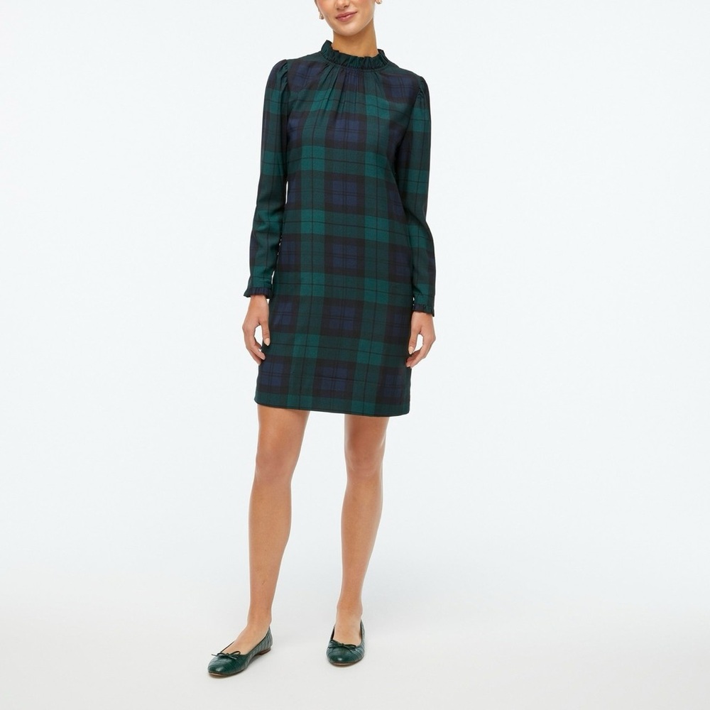 J.Crew Ruffle neck shift dress in Black Watch plaid! Size 8P